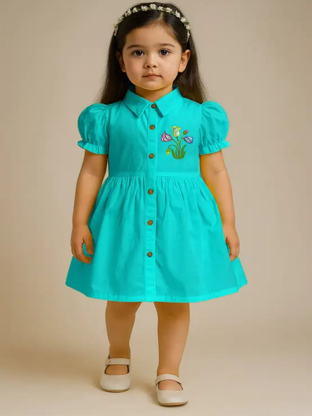 JG JHILIK GARMENTS Girls Puff Sleeves Shirt Collar Cotton Fit & Flare Dress