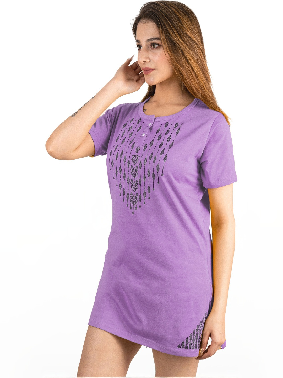 URBE-URBAN EVOLUTION Women Pack Of 2 Ethnic Motif Printed Round Neck Cotton Lounge T-Shirt