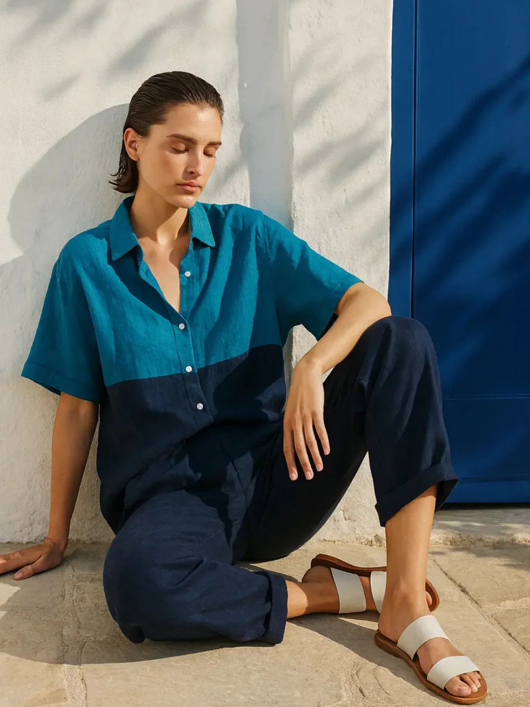 Fabulous Colourblocked Spread Collar Short Sleeves Oversized Linen Shirt