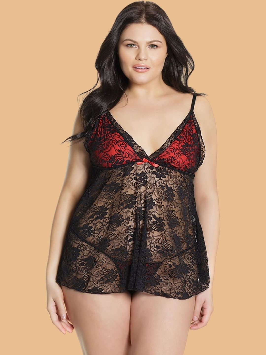 ZERJAMA Women Plus Size Self Design Shoulder Straps Contrast Bust Lace Babydoll Set