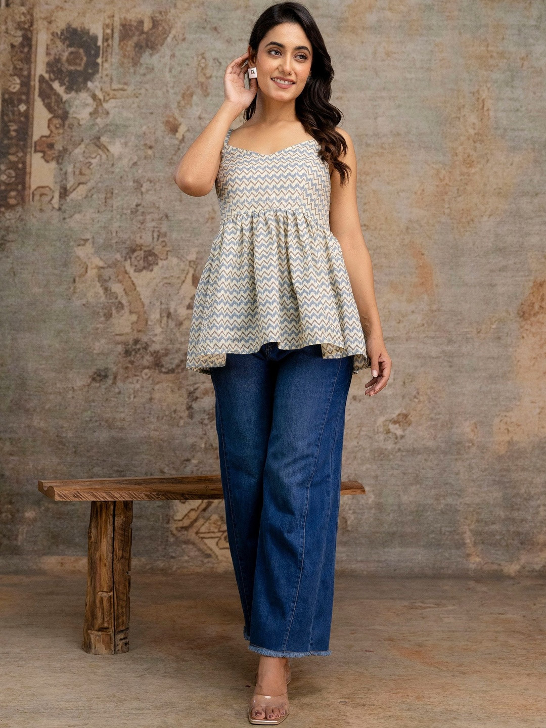 flipFabric Women Geometric Printed Cotton Peplum Top