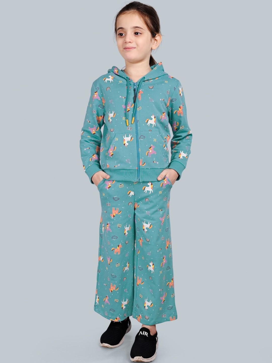 PLUM TREE Girls Printed Hooded Half Zipper Pure Cotton Printed Sweatshirt With Pants