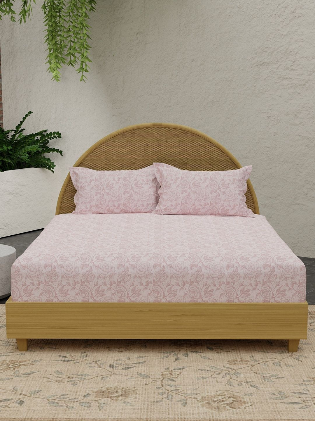 Boutique Living India Nature Bouquet Pink Printed Cotton 300 TC King Bedsheet 2.74x2.74 m