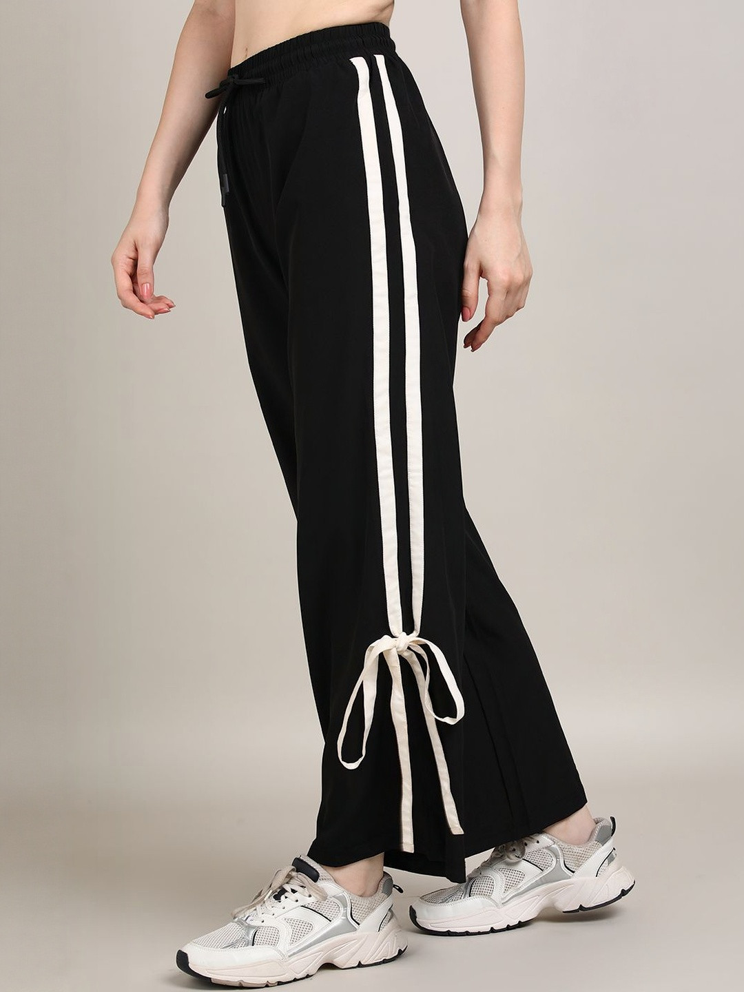 The Roadster Lifestyle Co Women Wide-Leg Track Pants With Dual Side Stripes & Tie-Up Hem