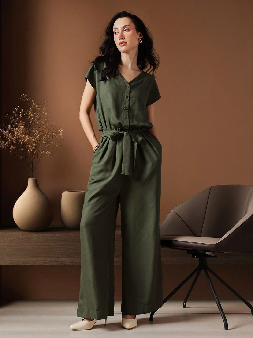 STREET 9 Women V-Neck Buttoned Waist Tie-Up Relaxed Fit Basic  Jumpsuit