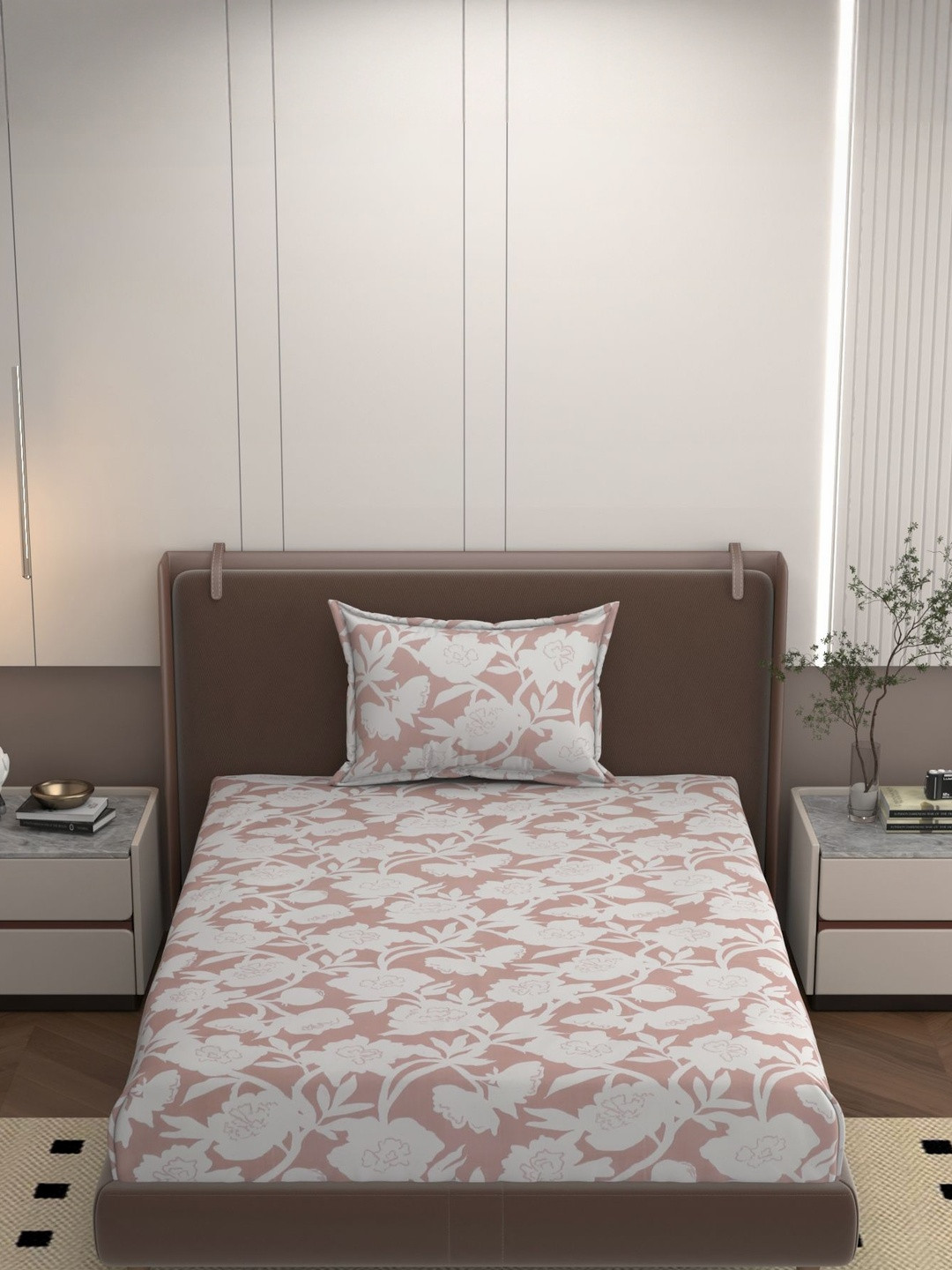 Bromwick Royal Collection Pink & White Floral Cotton 160 TC Single Bedsheet Set-90*60Inch