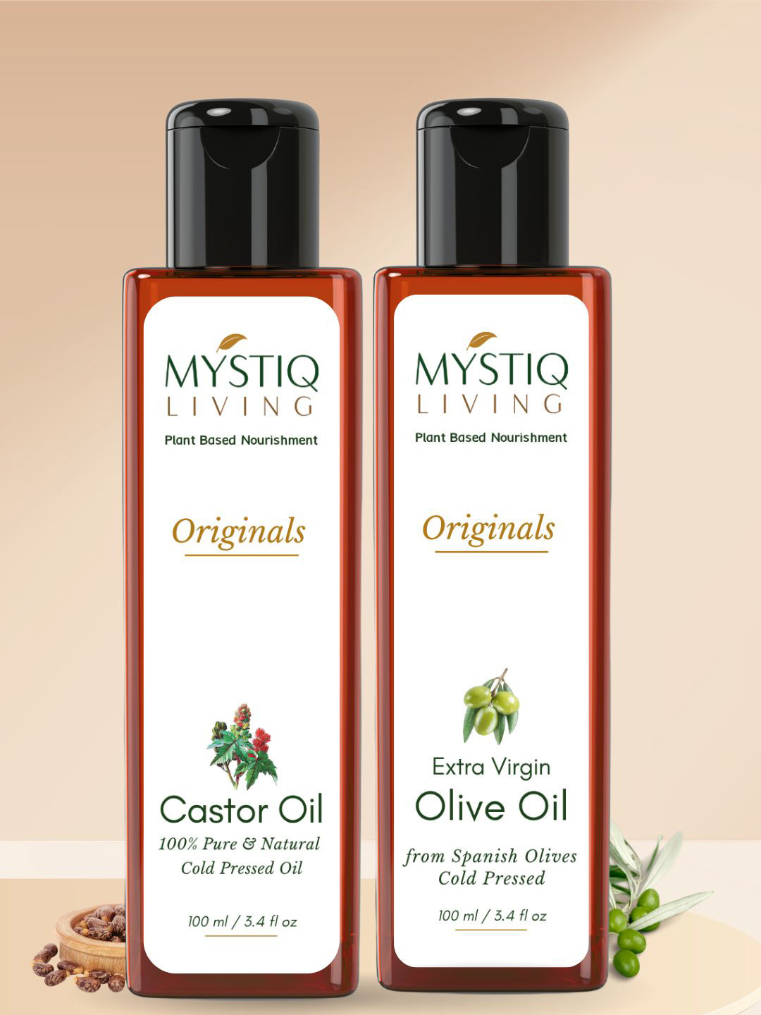 MYSTIQ LIVING 100% Pure Cold-Pressed Castor & Olive Hair & Skin Care Oil - 100ml Each