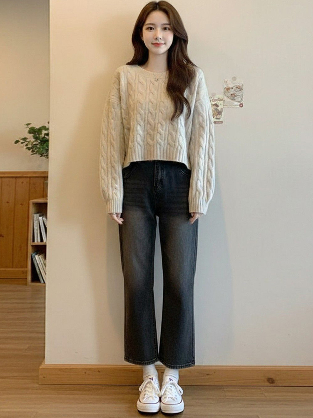 HERE&NOW Apricot Women Cable Knit Cashmere Crop Pullover