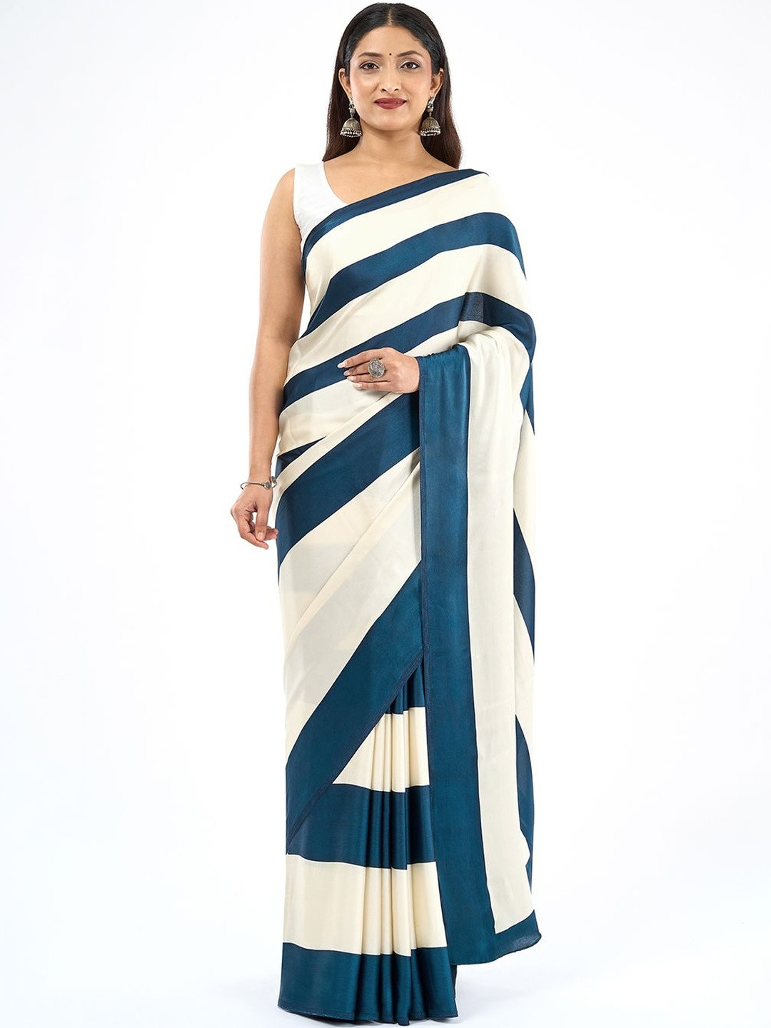 TEEJH Aroka White and Navy Blue Digital Print Modal Silk Saree