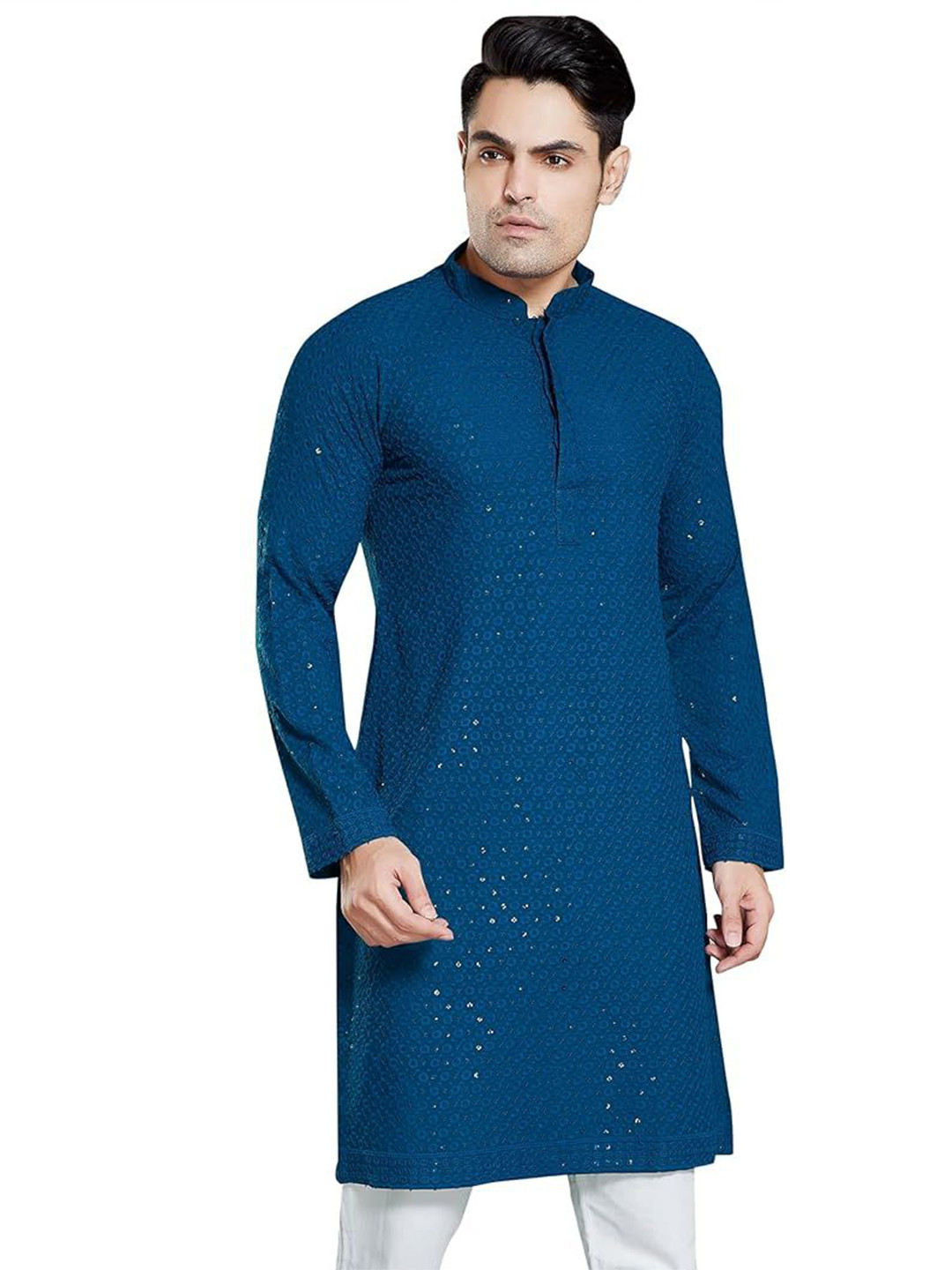 MENSZONE Floral Embroidered Round Neck Sequinned Straight Kurtas