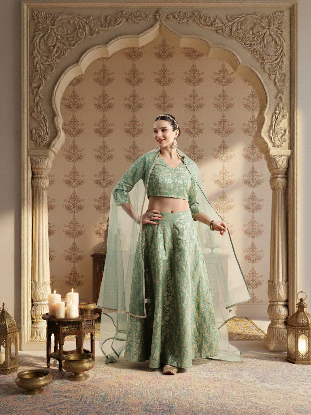 House of Pataudi Jashn Foil Print Lehenga & Blouse With Dupatta