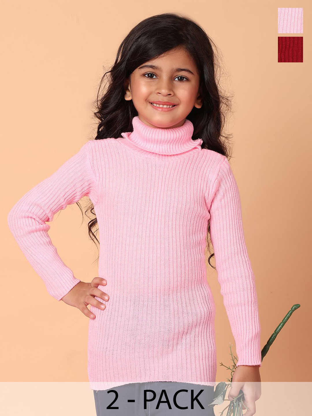 Superminis Girls Pack Of 2 Ribbed Turtle Neck Woollen Pullover Sweaters