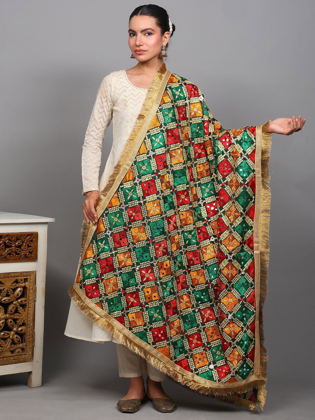 Exotic India Geometric Phulkari Embroidered Mirror Work Art Silk Dupatta