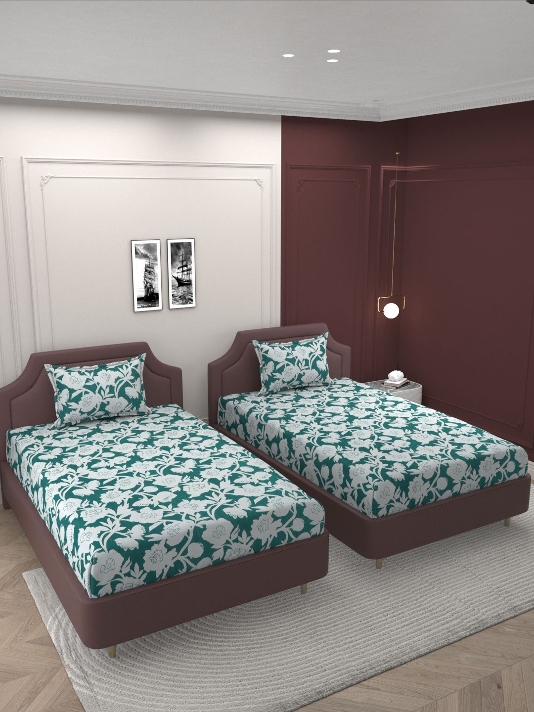 Bromwick Pack Of 2 Green Printed Cotton160 TC 2 Single Bedsheet With 2 Pillow Covers