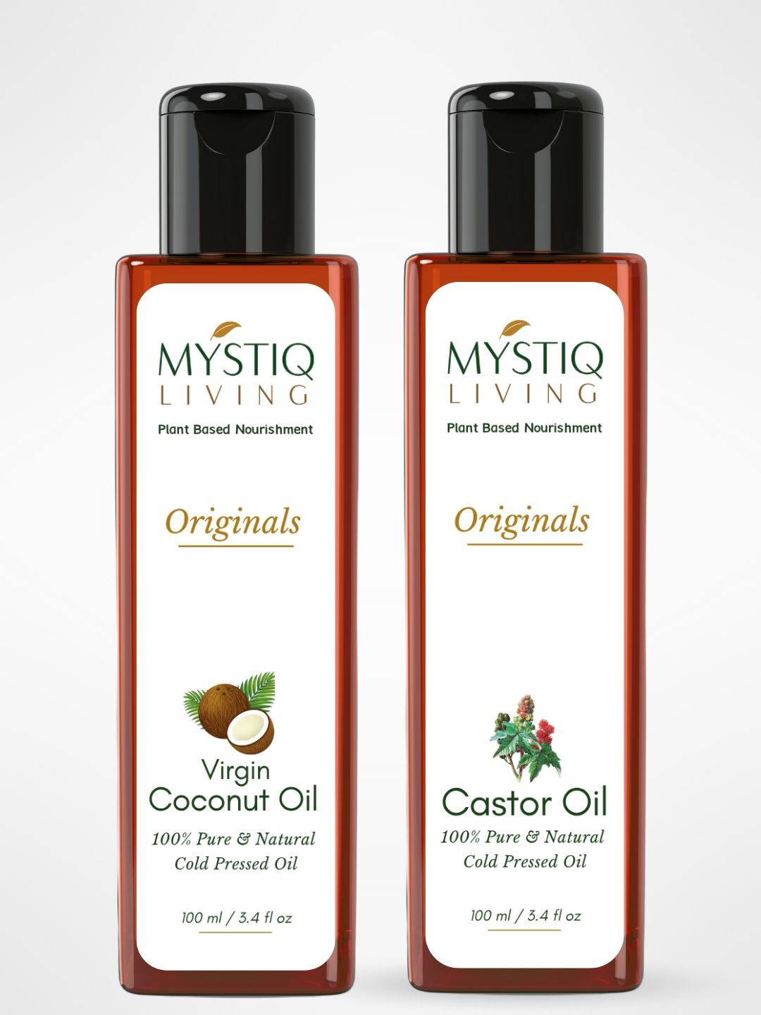 MYSTIQ LIVING 100% Pure Cold-Pressed Castor & Coconut Hair & Skin Care Oil - 100ml Each