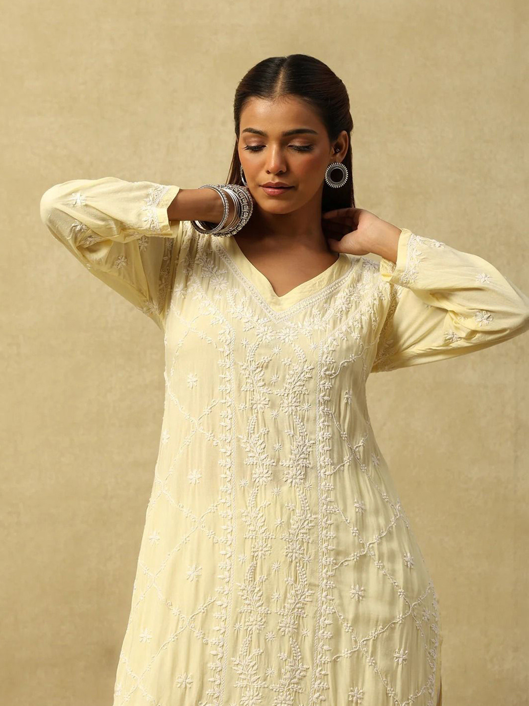 House of Chikankari Women Modal Chikankari Solid Long Kurta