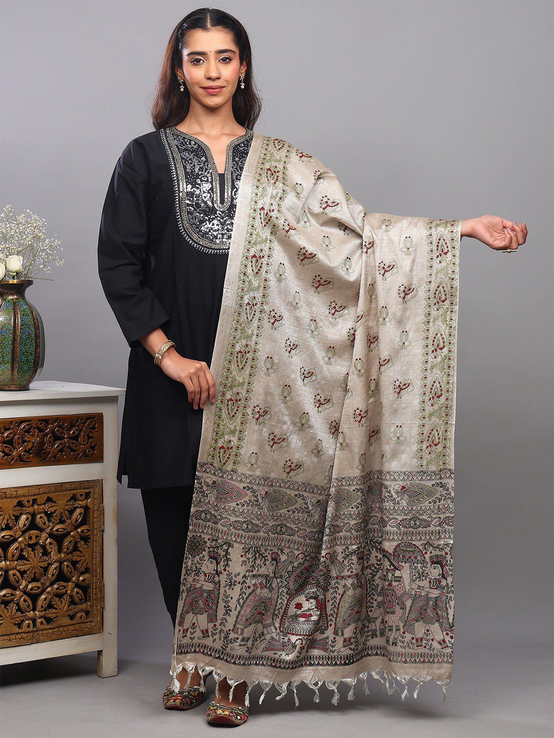 Exotic India Madhubani Art Ethnic Motifs Printed Tasselled Border Detail Dupatta