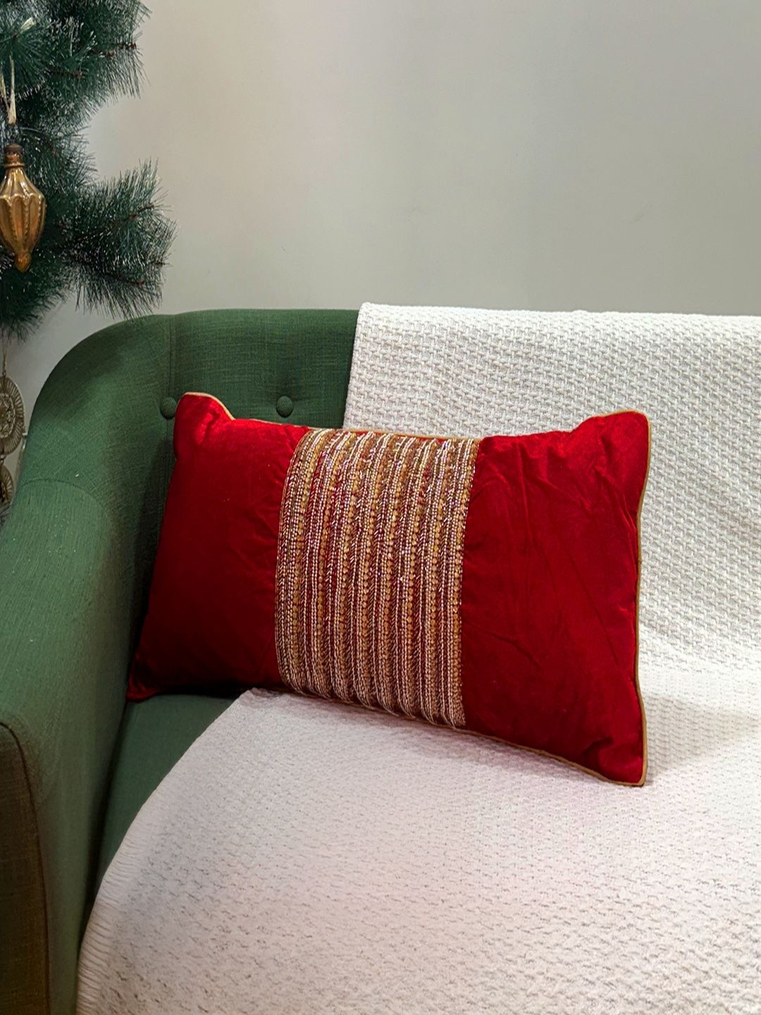 Revive Home Red & Gold-Toned Floral Embellished Rectangle Cushion Covers