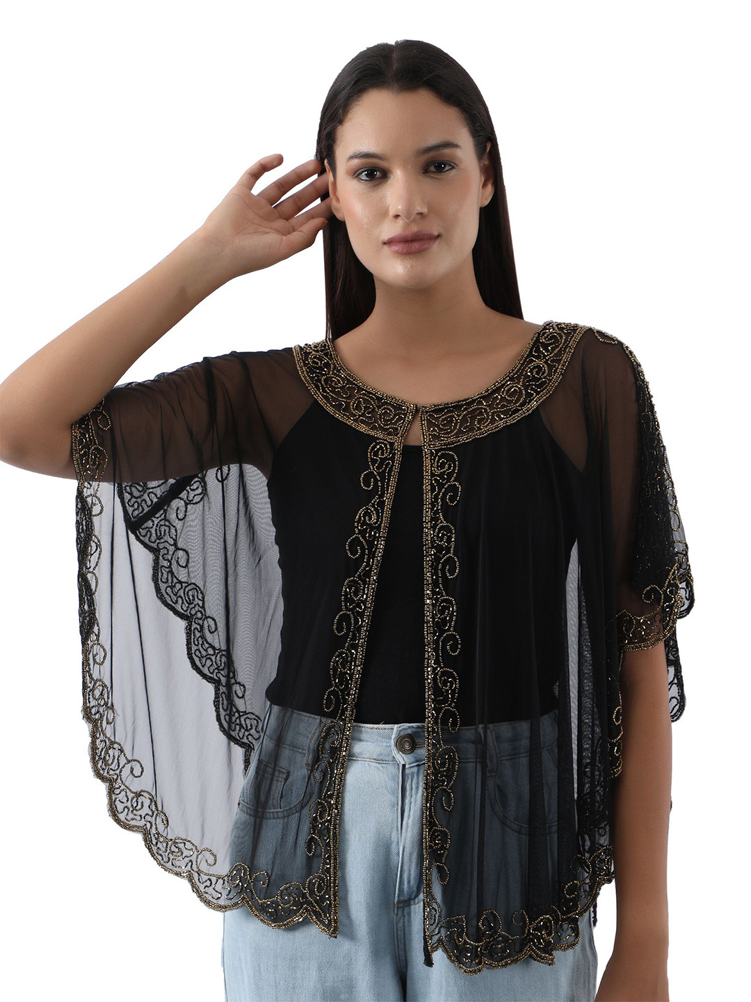 JEDCO Embellished Beads And Stones Open Front Shrug