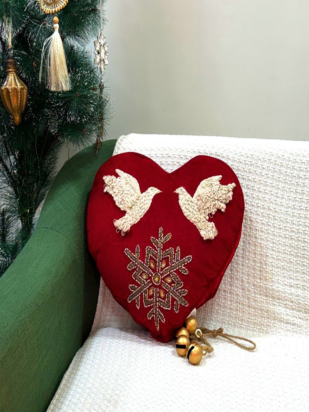 Revive Home Red & Beige Embroidered Cotton Spot Cleaning Heart Christmas Filled Cushion