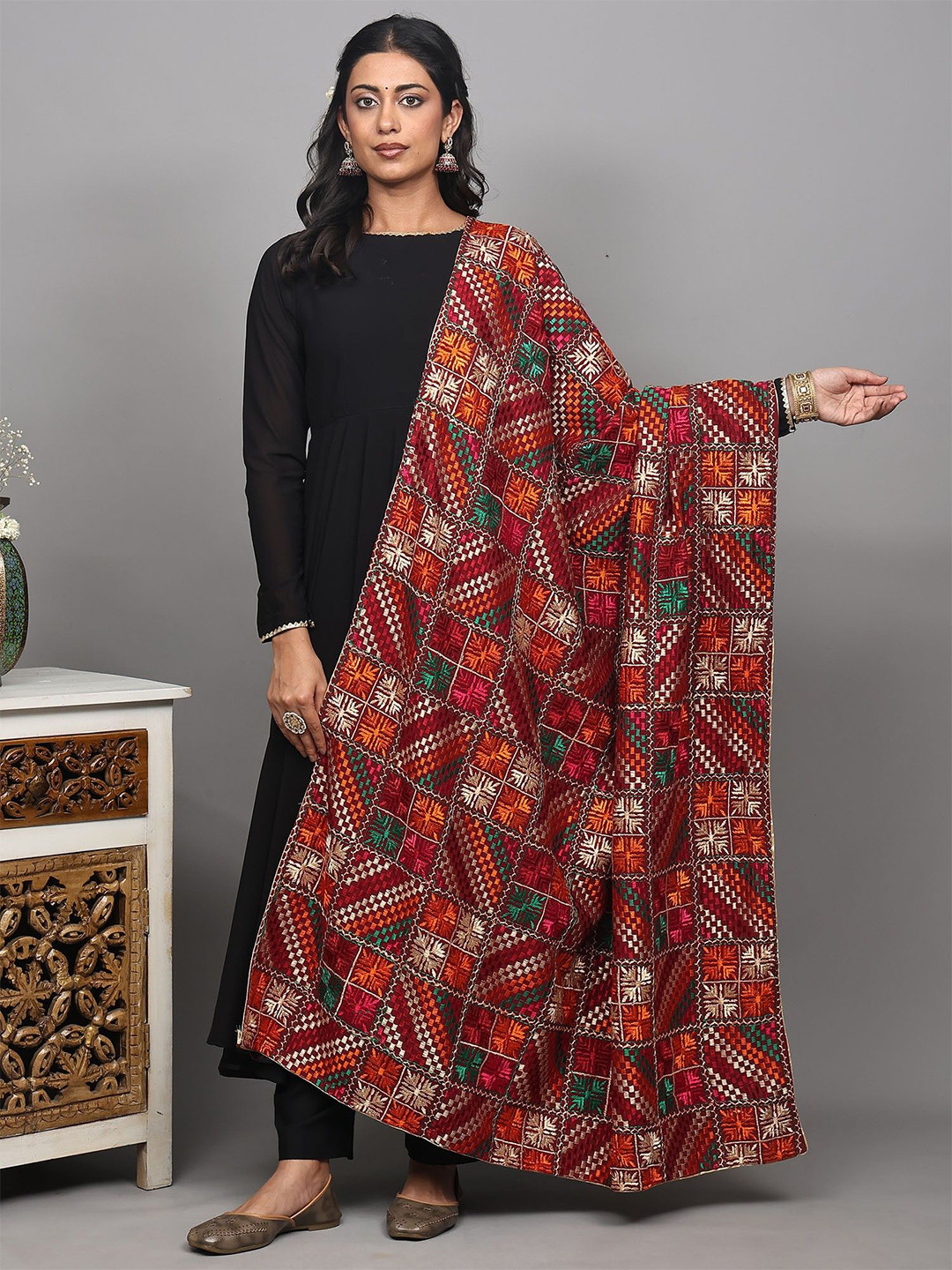 Exotic India Phulkari Dupatta from Punjab with Multicolor Thread Embroidery All-Over