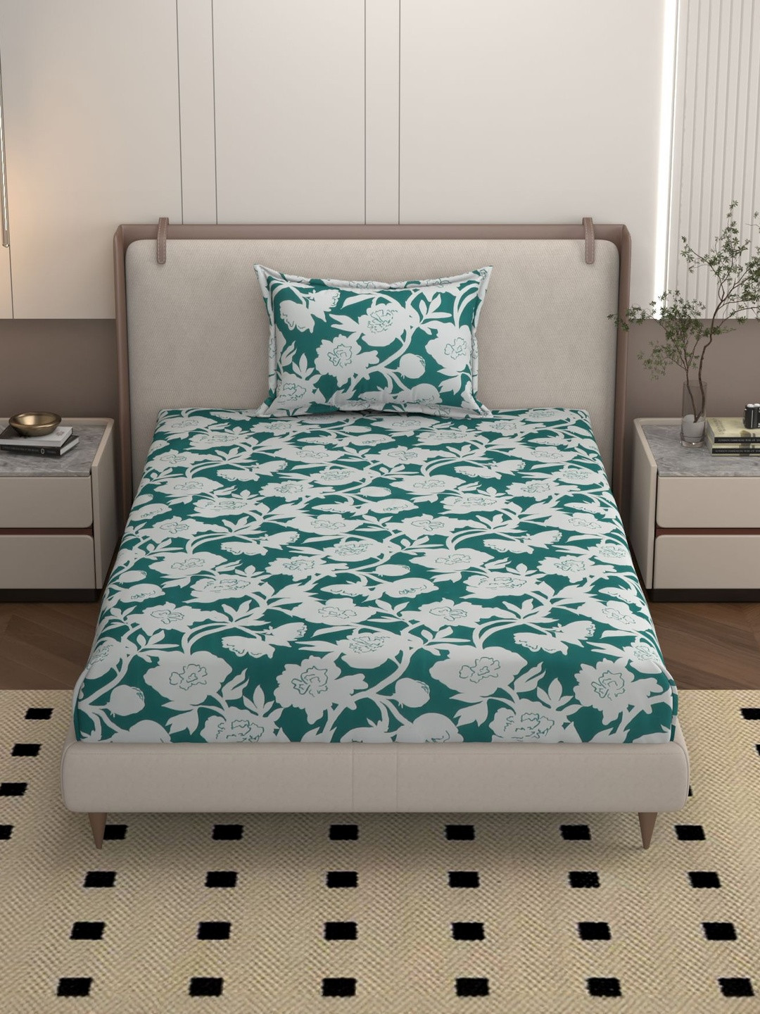 Bromwick Green Floral 160 TC Single Bedsheet with 1 Pillow Covers