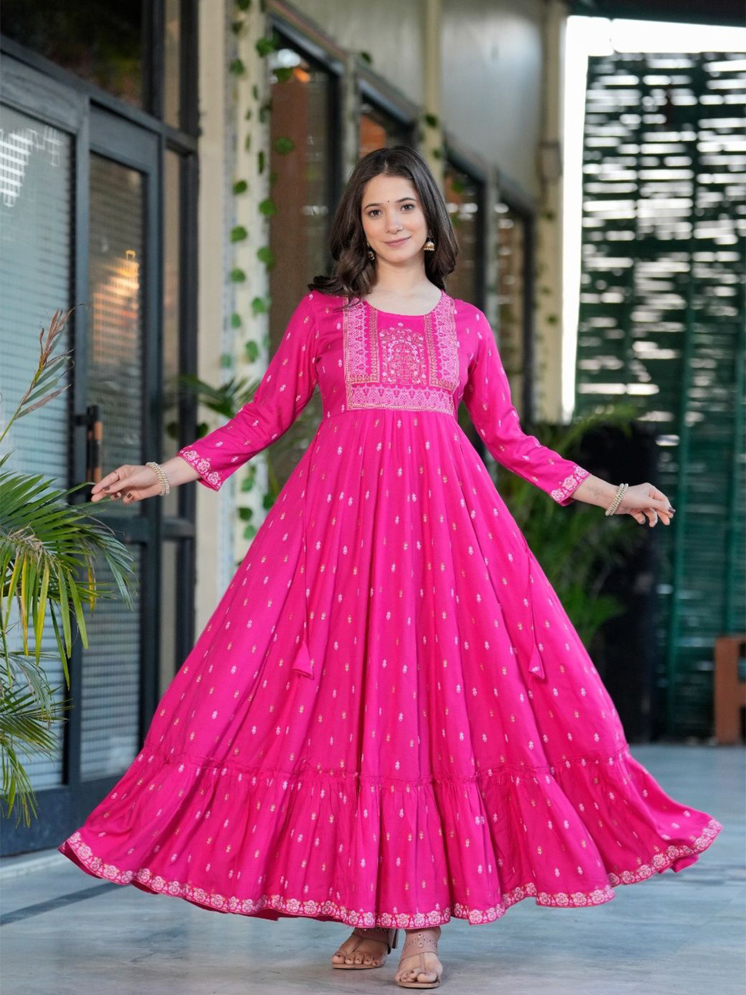 Koshiks Ethnic Motifs Printed Round Neck Tiered Anarkali Kurta