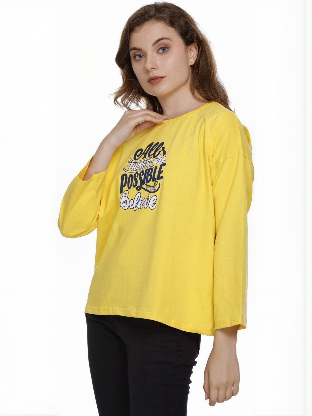 AMAHA FASHIONS Women Typography Printed Drop-Shoulder Sleeves T-shirt