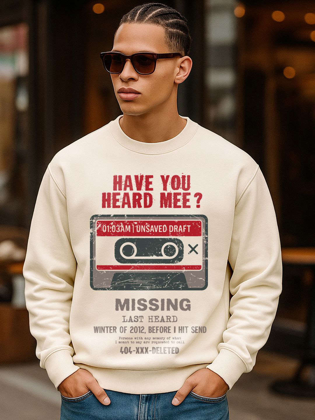 Bewakoof Men's Beige Heard Mee Graphic Printed Oversized Sweatshirt