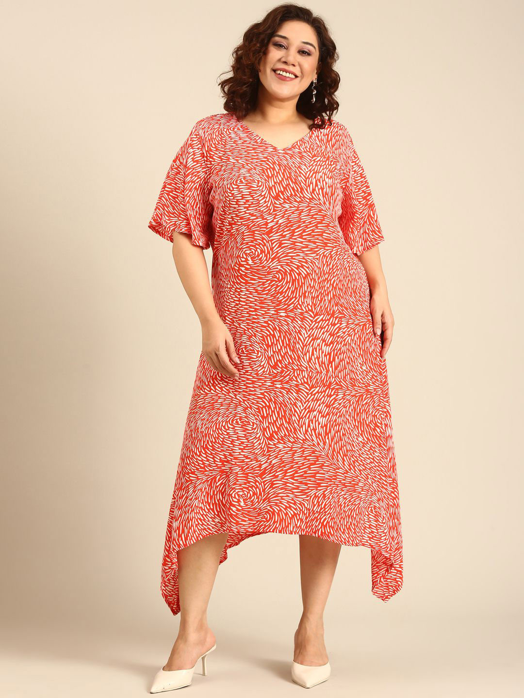 The Pink Moon Women Day-to-Dusk Orange Floral Printed Bell Sleeve A-Line Midi Dress