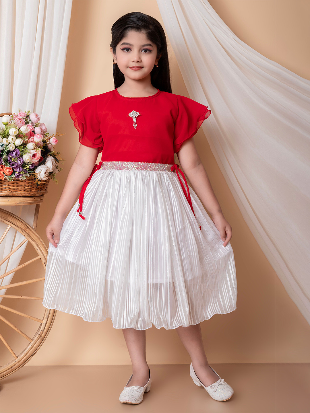 SABIKO Striped Chiffon Fit & Flare Dress