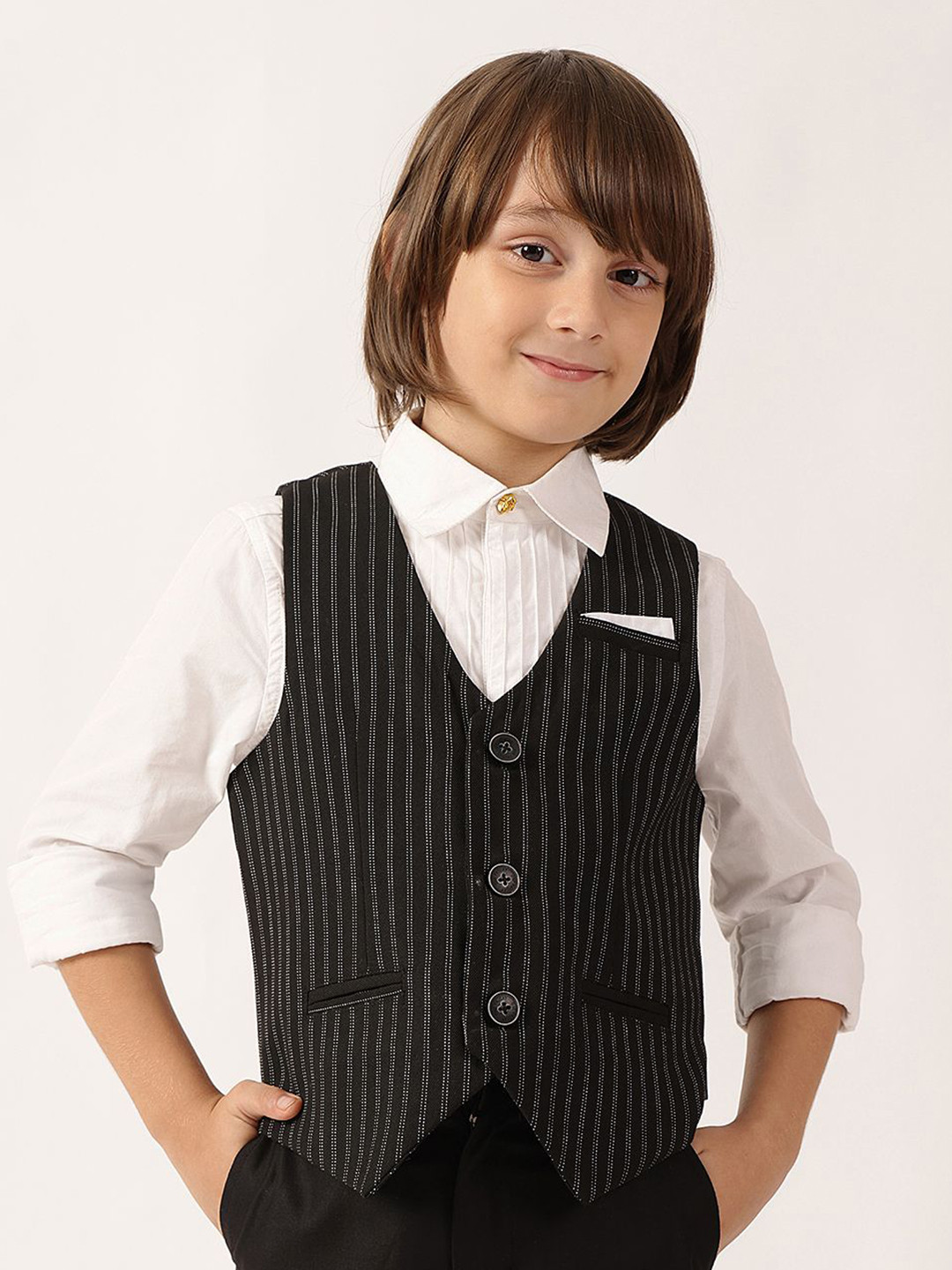 One Friday Boys Black Striped Sleeveless V-Neck Formal Waistcoat