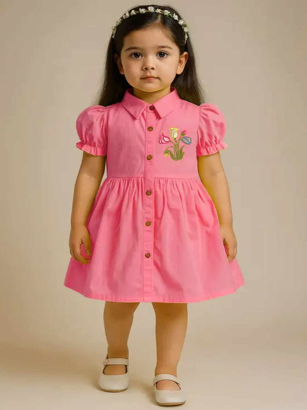 STYLE CONNECT Girls Puff Sleeves Shirt Collar Cotton Shirt Dress