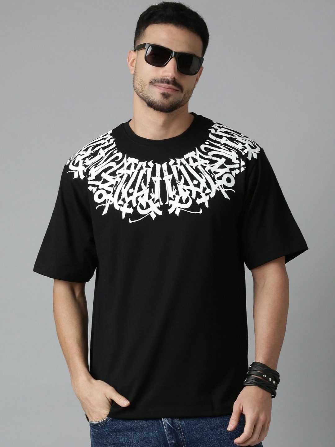 LEWEL Men Typography Printed Round Neck Cotton Oversized T-shirt
