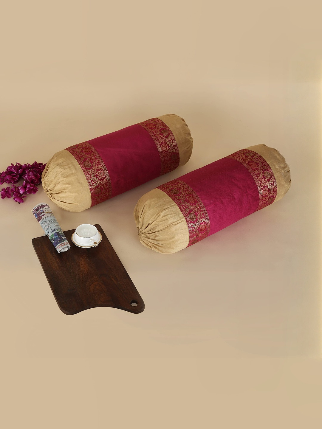 DECOWAT Pink & Beige Printed 2 Pieces Silk Bolster Covers - 32x16 In