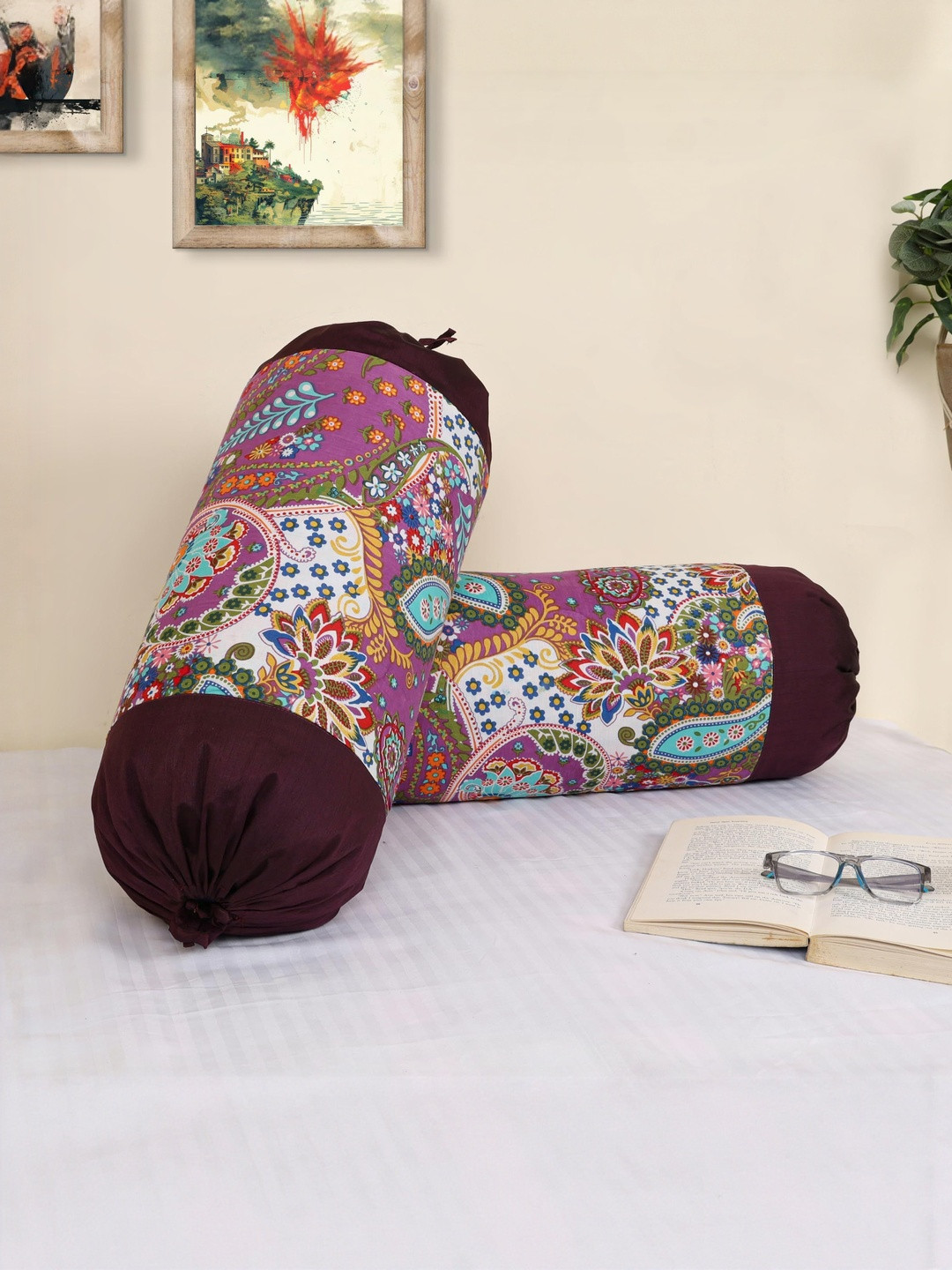 DECOWAT Purple & Pink Printed 2 Pieces Cotton Bolster Covers - 32 x16 In