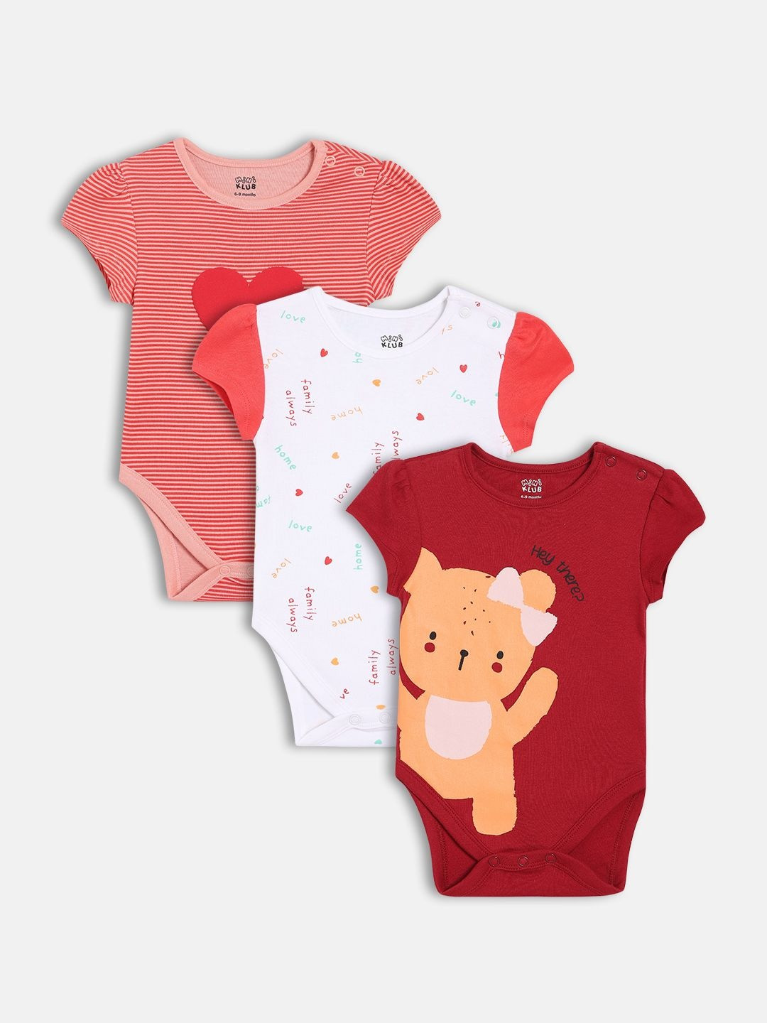 MINI KLUB Infant Girls Pack Of 3 Cartoon Printed Short Sleeve Bodysuit