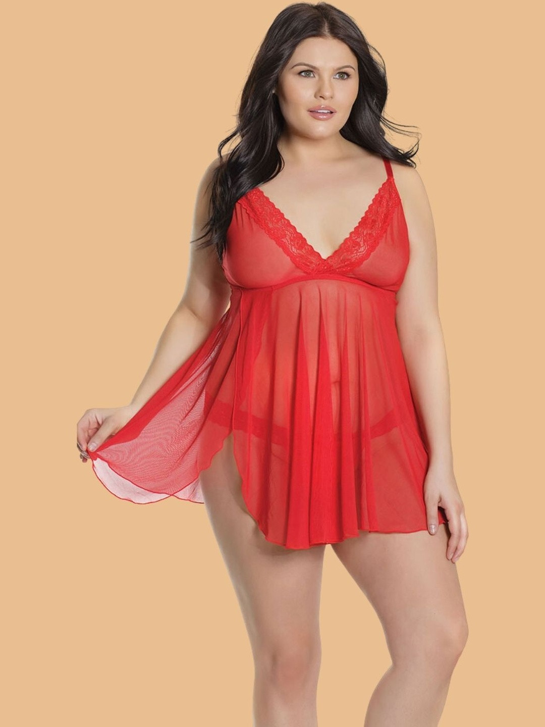 ZERJAMA Women Sheer All-Over Lace Baby Doll With Matching Lace Panty