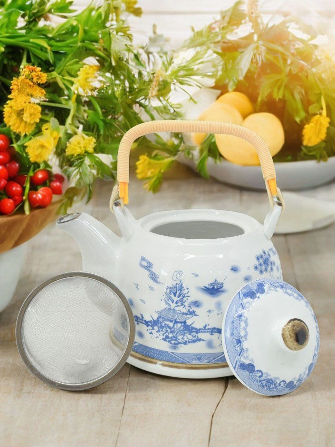 The Decor Lane White And Blue Printed Glossy Tea Set