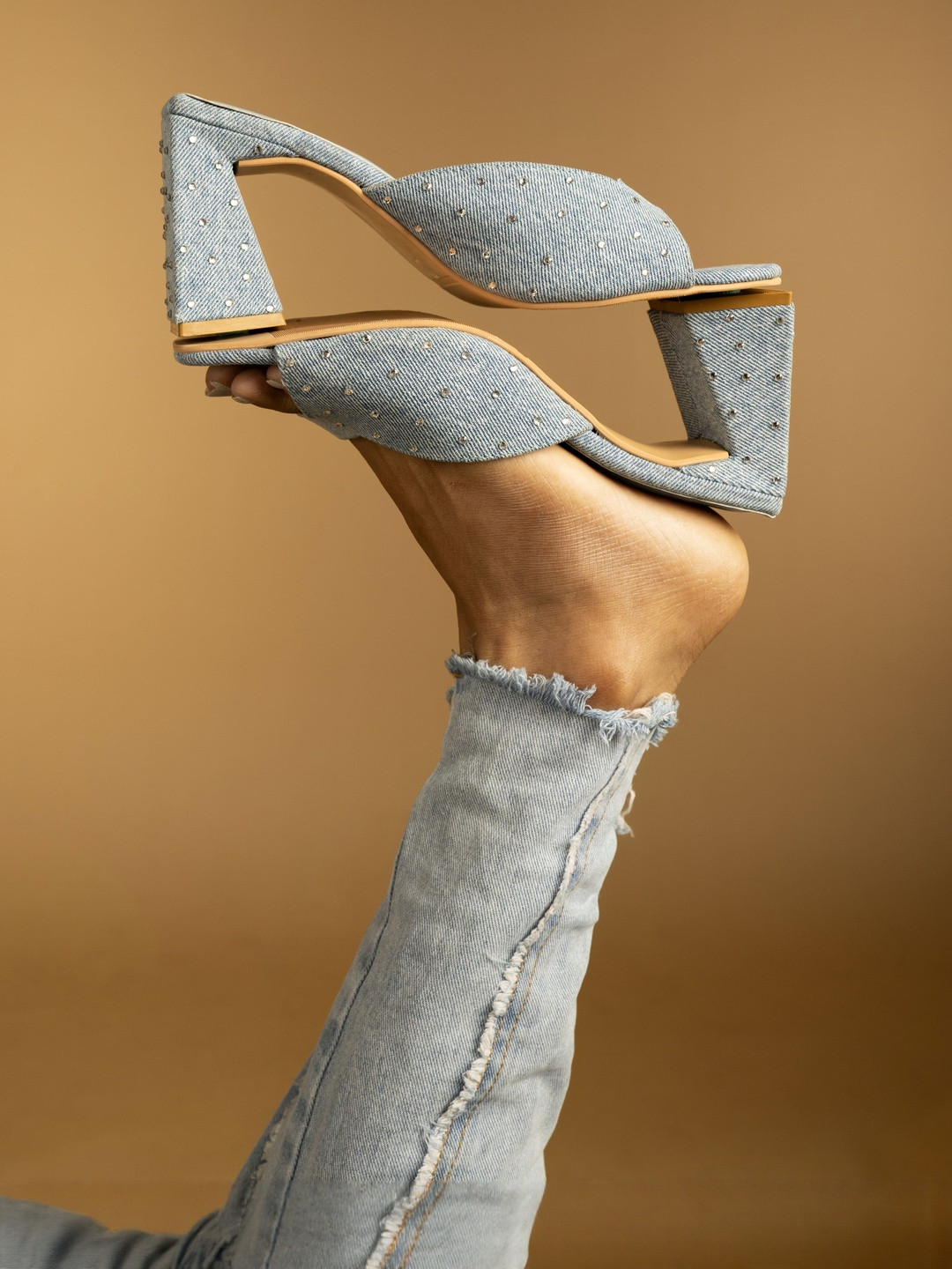 KOSHE BY SURABHI Women Embellished Denim Square Toe Block Heeled Sandals