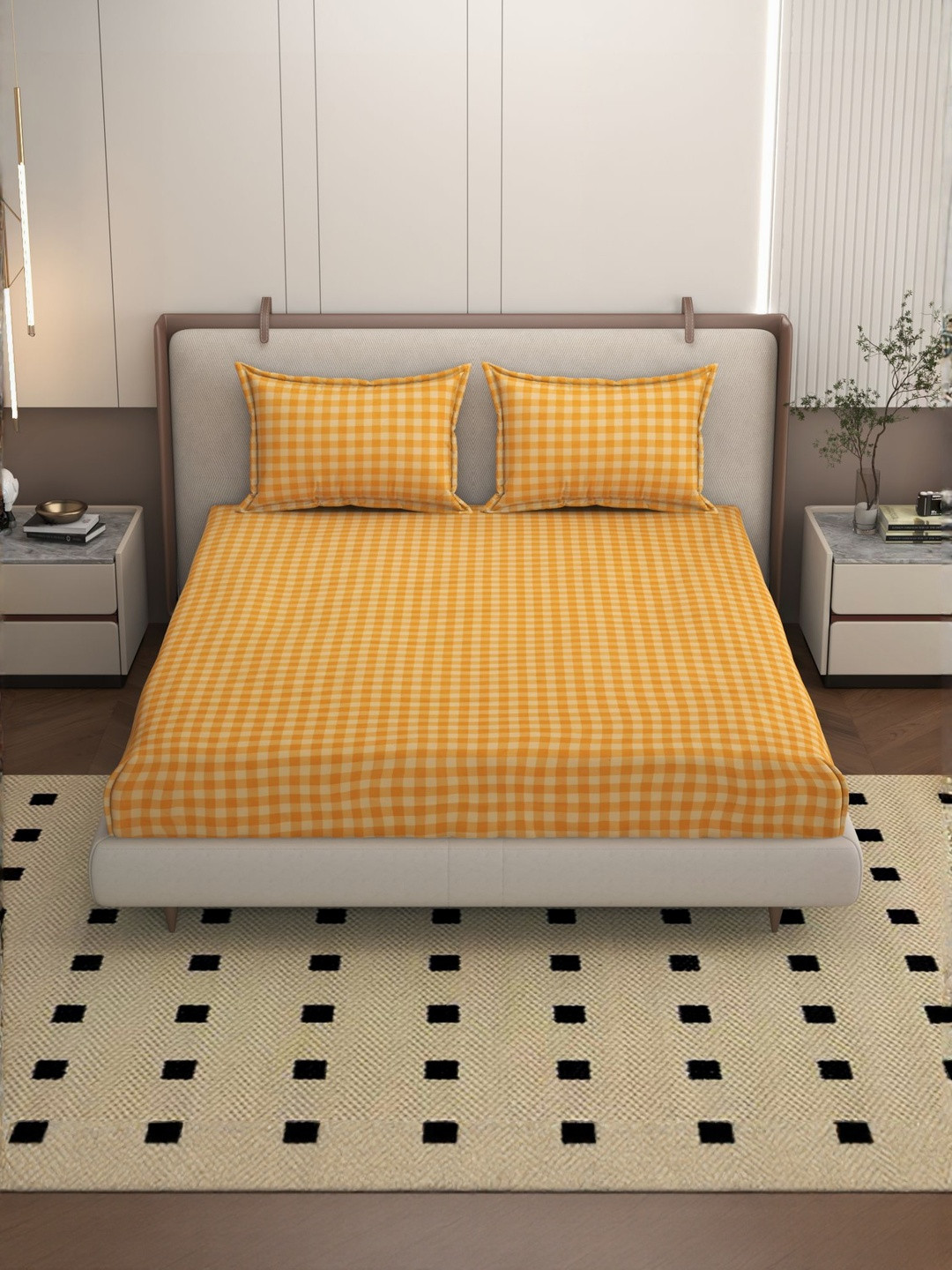 Bromwick Orange 250 TC Check Double Bedsheet with 2 Pillow Covers