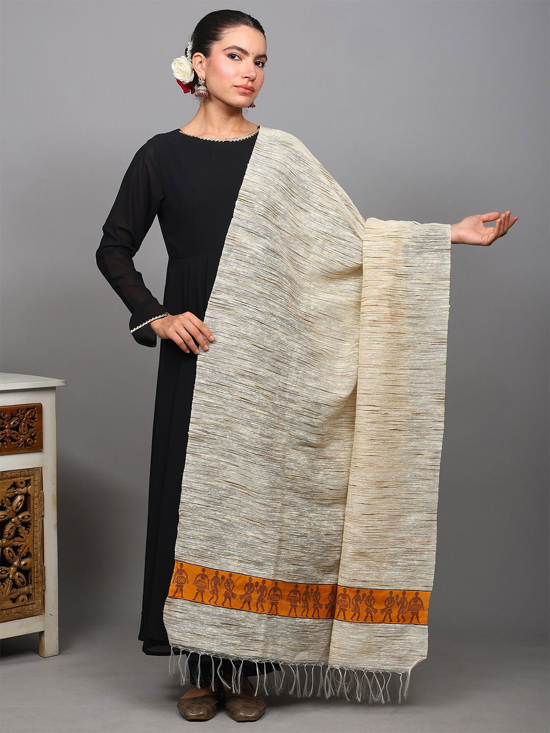 Exotic India Folk Musicians Motifs Woven Design Thread Work Khadi Dupatta