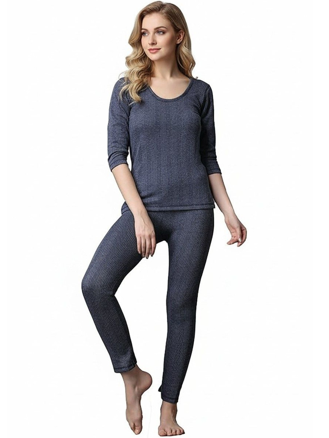 UNDERLOOP Women Striped Round-Neck Top & Bottom Thermal Set