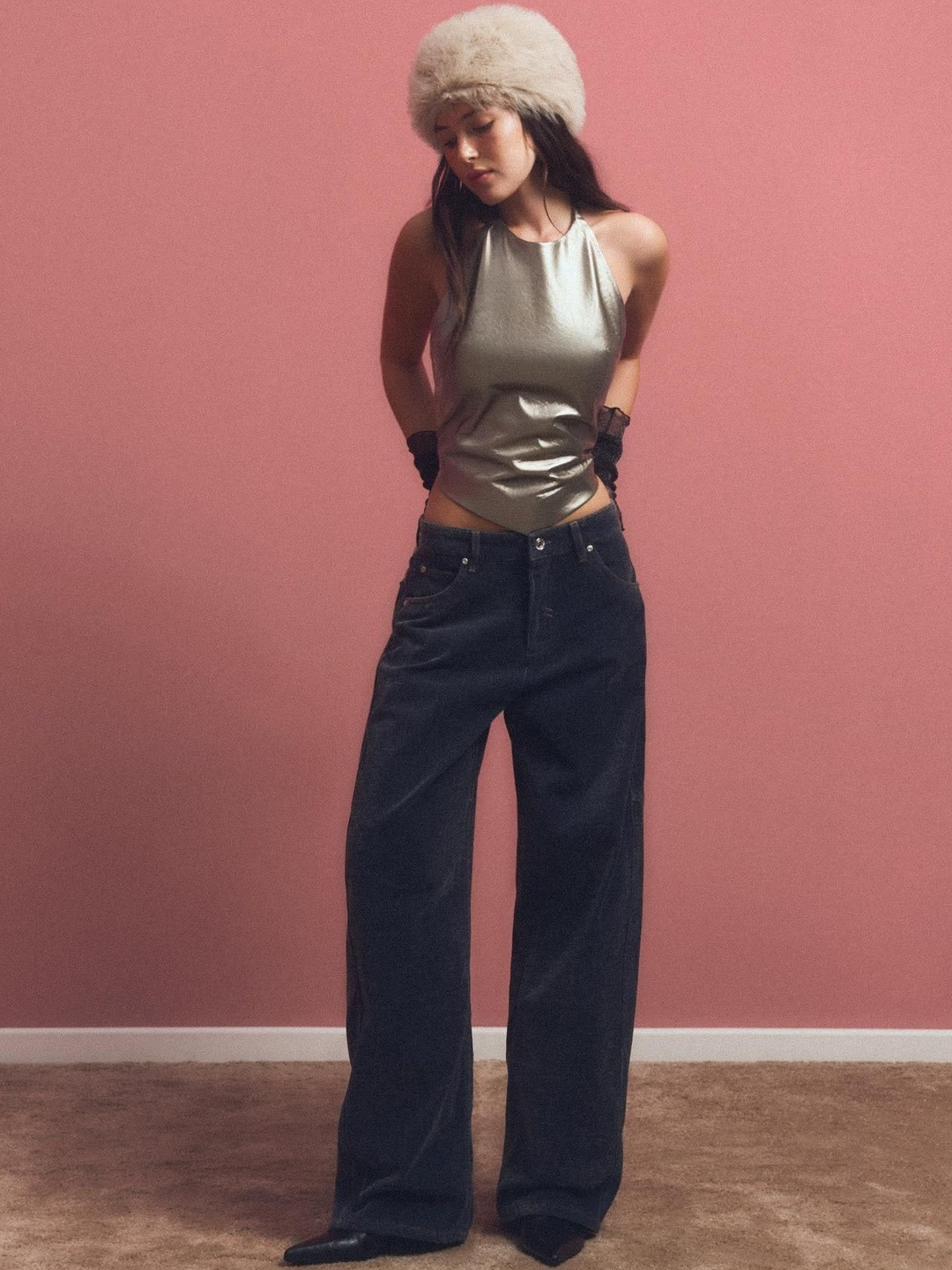 Bershka Halter Neck Sheen Crop Top