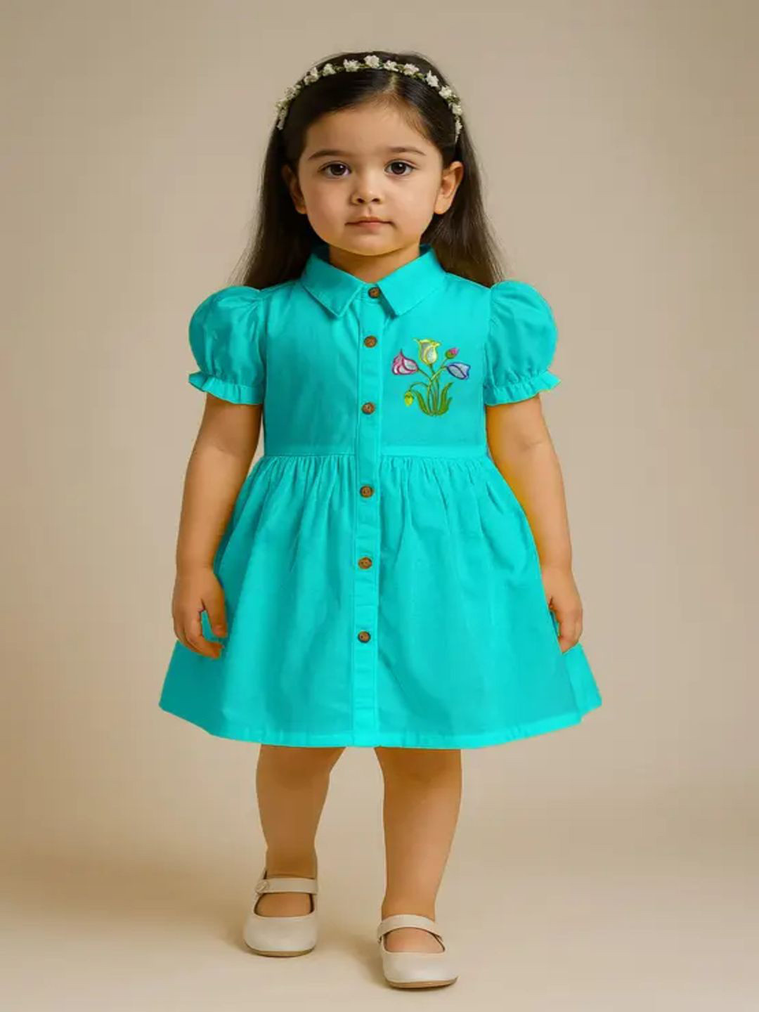 SARDAR DRESSES Kids Floral Puff Sleeve Fit & Flare Dress