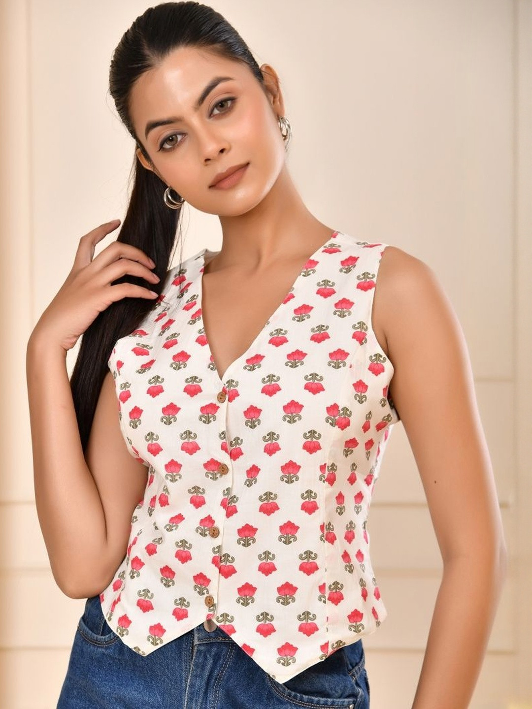 ELYRAA Floral Printed Button Down Sleeveless Back Tie Cotton Waistcoat