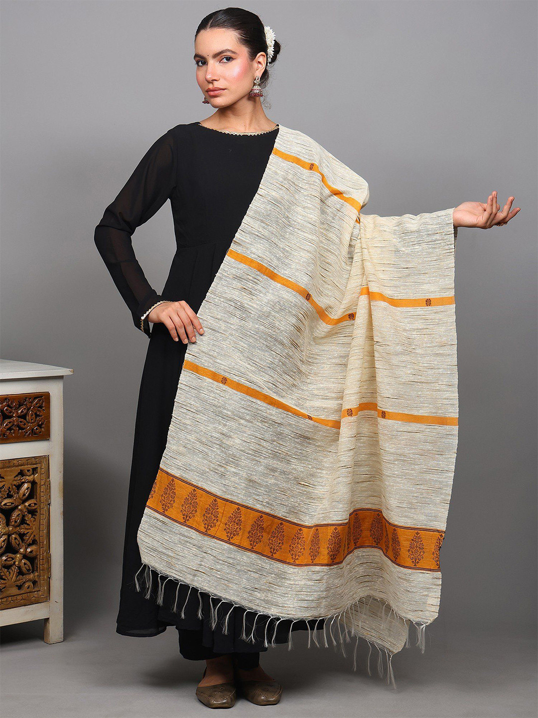 Exotic India  Tree Motifs Woven Design Thread Work Textured Khadi Dupatta