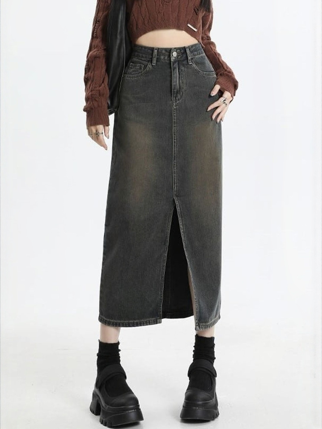 LULU & SKY Women Solid Retro Denim High Rise Midi Straight Skirt