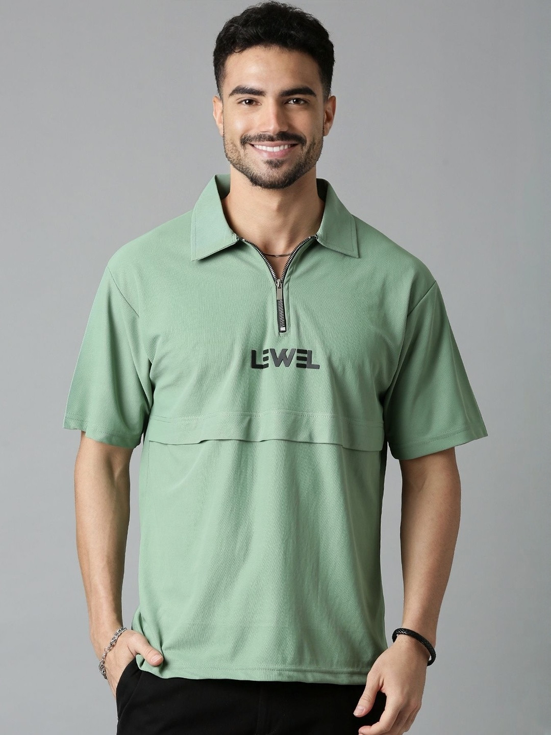 LEWEL Men Typography Printed Polo Collar Oversized T-shirt