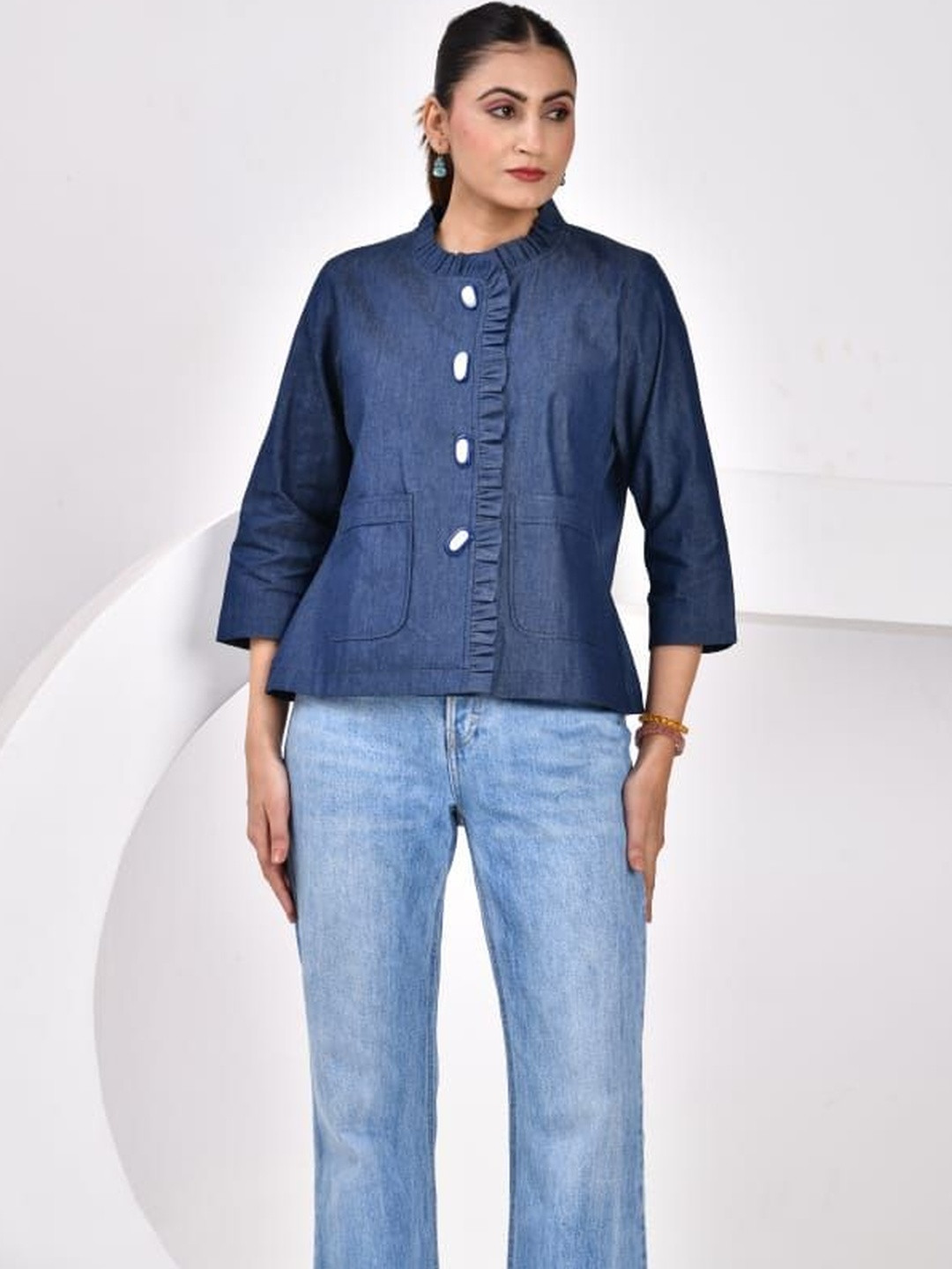 SIDDHO HUM Women Solid Denim Shirt Style Top